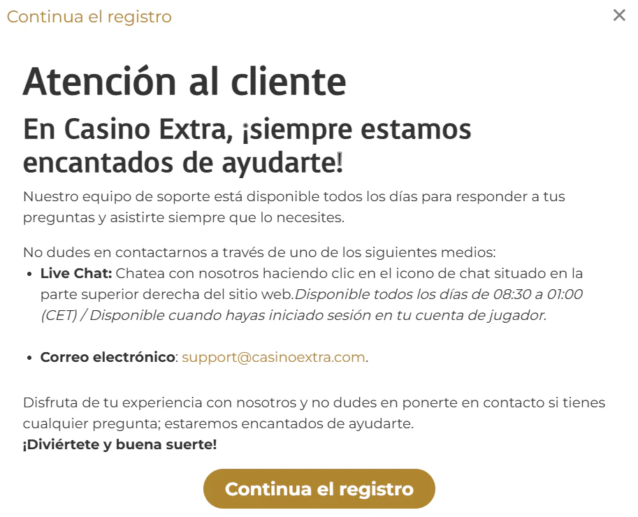 Servicio de asistencia y opciones de contacto para usuarios de Casino Extra